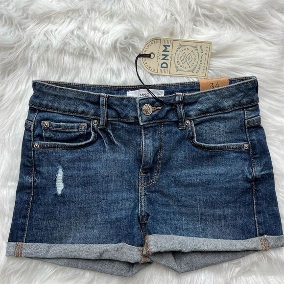 🆕 Mango Women's Vicky Blue Denim Shorts Size 2 Distressed Cuffed Hem - Picture 1 of 12